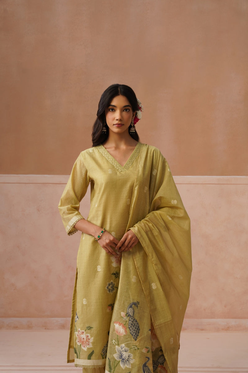 Olive Green Peacock Print Kurta Set