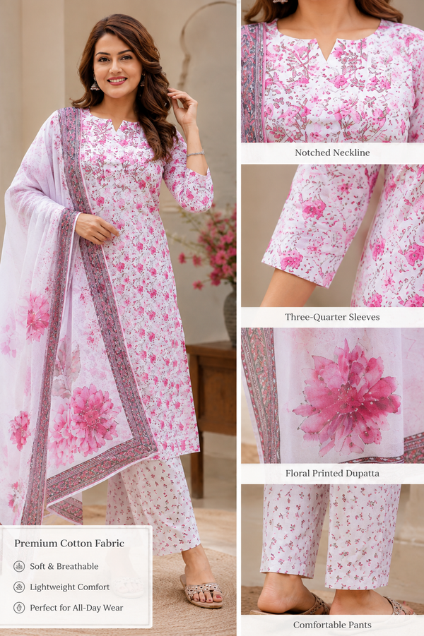 Pink Floral Printed 3-Piece Suit Set