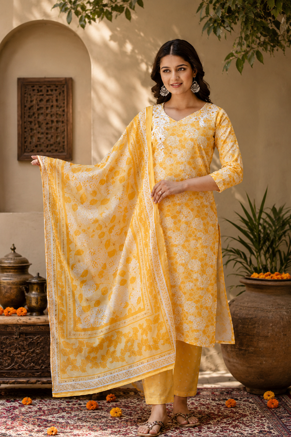 Yellow Floral Printed Kurta Set