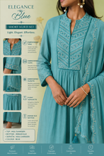 Blue Flared Kurta Set with Silver Chevron Embroidery