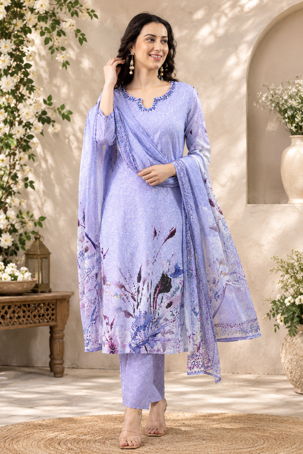 Lavender Floral Printed Kurta Set