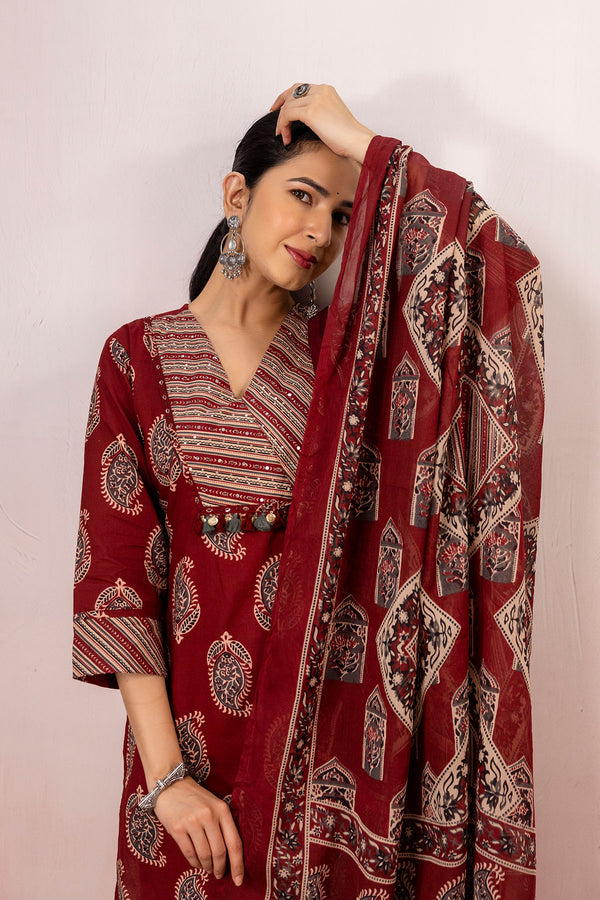 Maroon Straight Kurta Set with Paisley Print