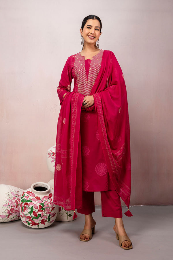 Pink Floral Motif  Straight Kurta Set