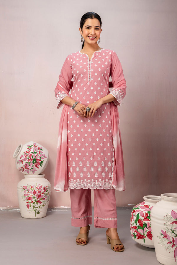 Floral Embroidery 3Pcs Straight Kurta Set