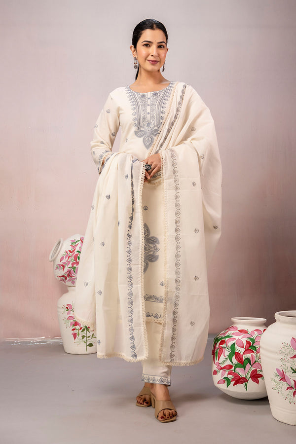 Grey Paisley Work 3Pcs Straight Kurta Set