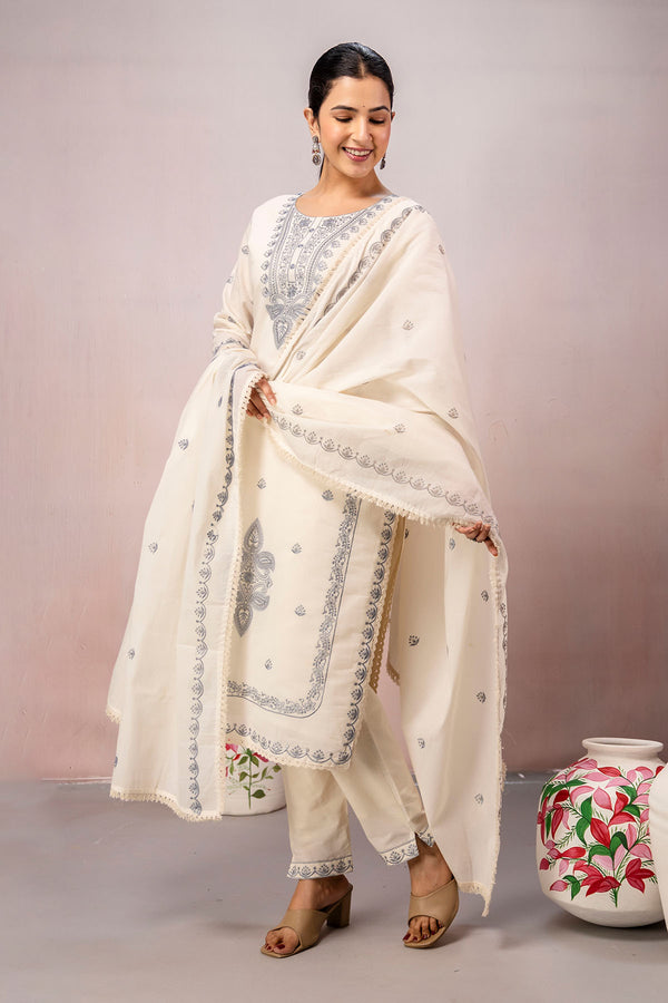 Grey Paisley Work 3Pcs Straight Kurta Set