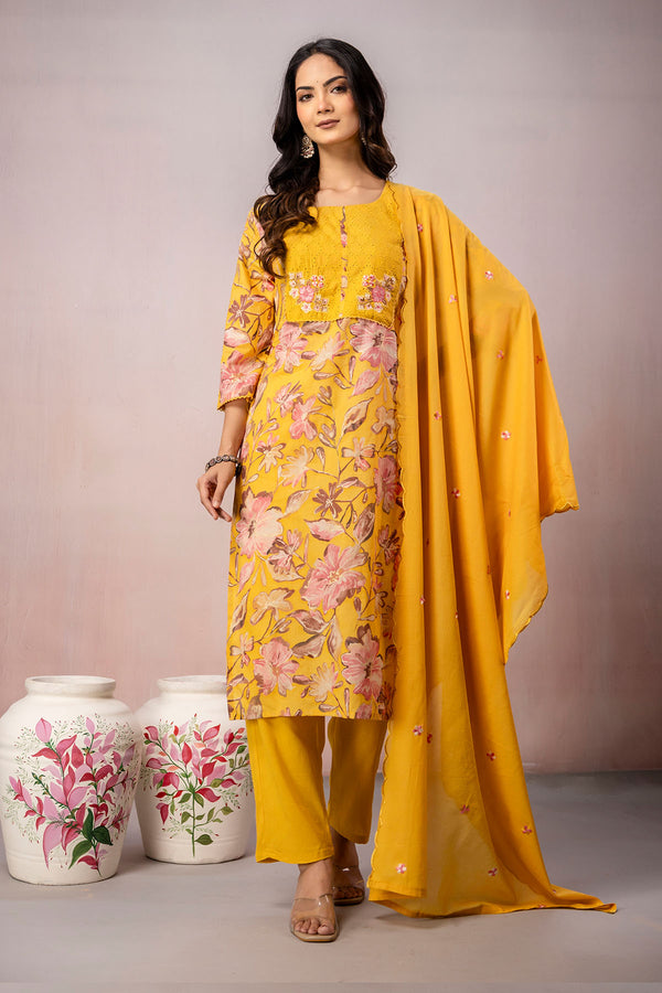 Mustard 3Pcs Straight Kurta set