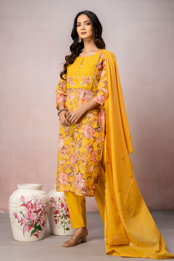 Mustard 3Pcs Straight Kurta set