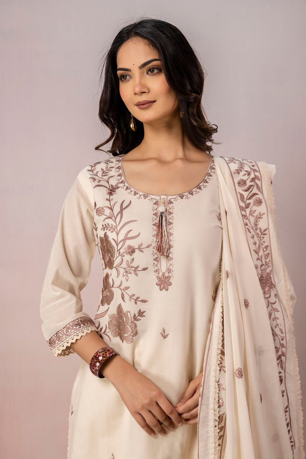 Ivory Floral Embroidery 3Pcs Set