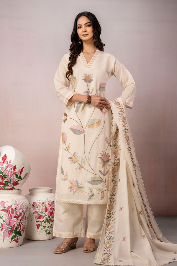 Pastel Floral Embroidery 3Pcs Kurta Set