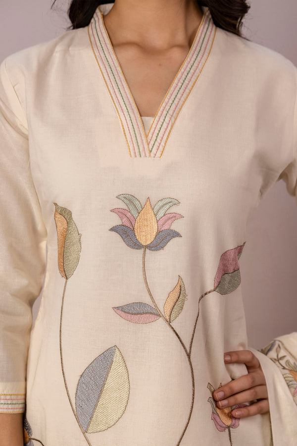 Pastel Floral Embroidery 3Pcs Kurta Set