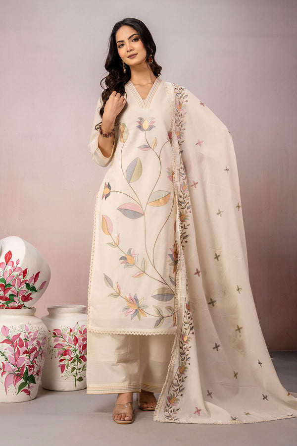 Pastel Floral Embroidery 3Pcs Kurta Set