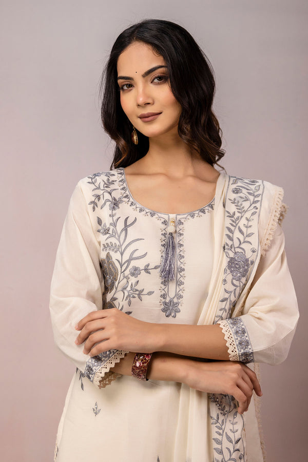 Ivory Floral Embroidery Kurta  Set