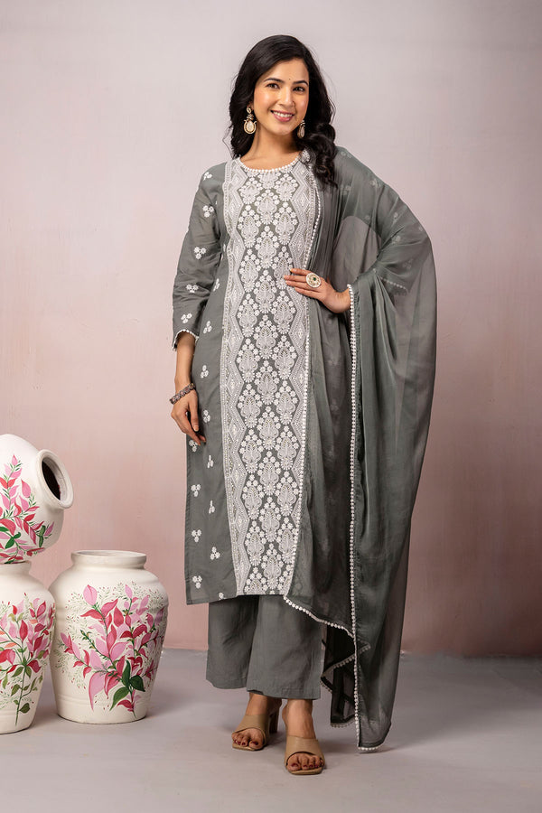 White Lace Panel 3Pcs Kurta Set