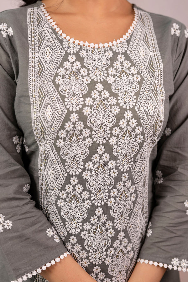 White Lace Panel 3Pcs Kurta Set