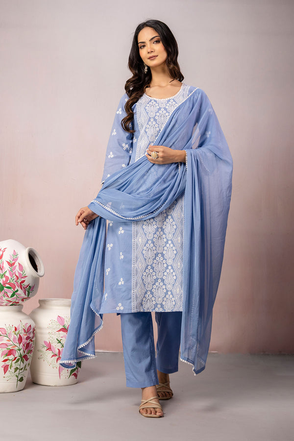 Sky Blue Floral Embroidered Kurta Set