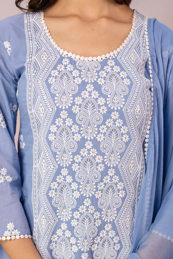 Sky Blue Floral Embroidered Kurta Set