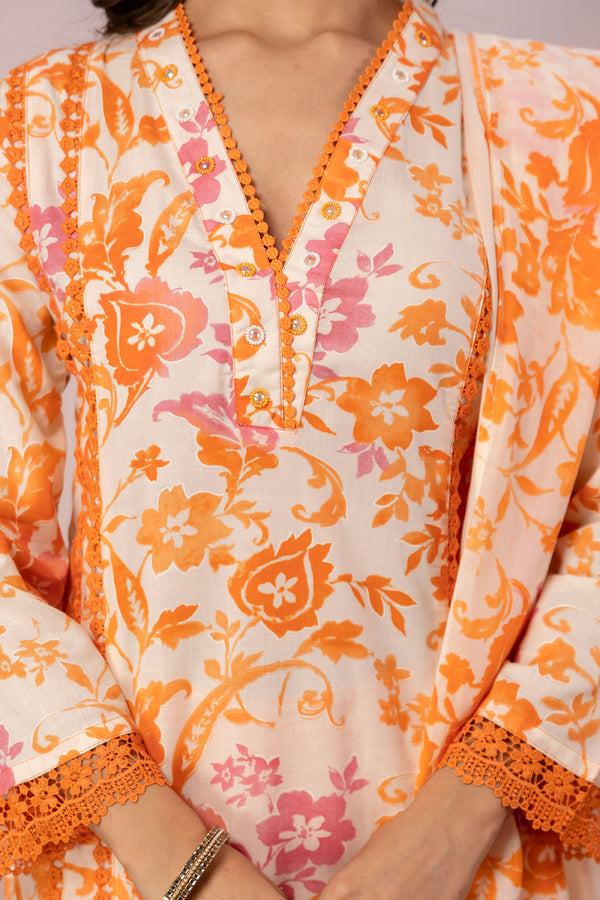 Orange Floral Printed Kurta Set
