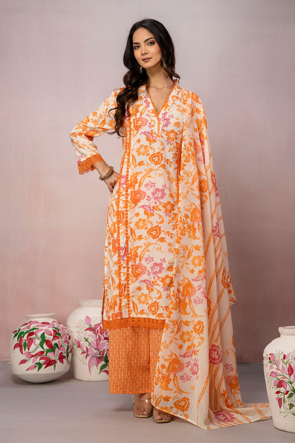Orange Floral Printed Kurta Set