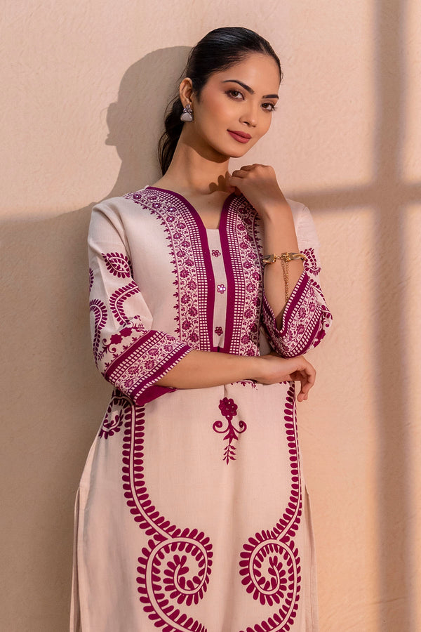 Magenta Paisley & Geometrical Kurta Set