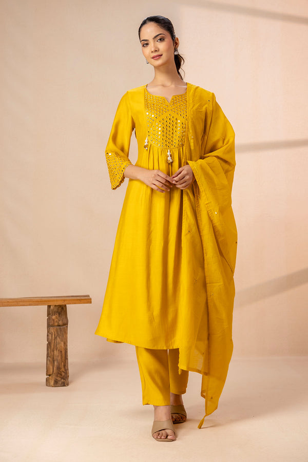 Mirror Embroidery Mustard 3 pcs Kurta Set