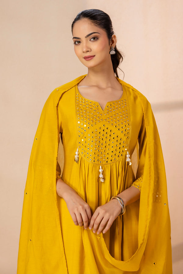 Mirror Embroidery Mustard 3 pcs Kurta Set