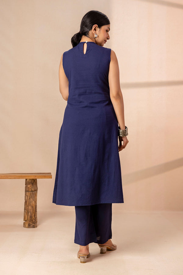 Navy Blue Long Co-ord Set with White Embroidery