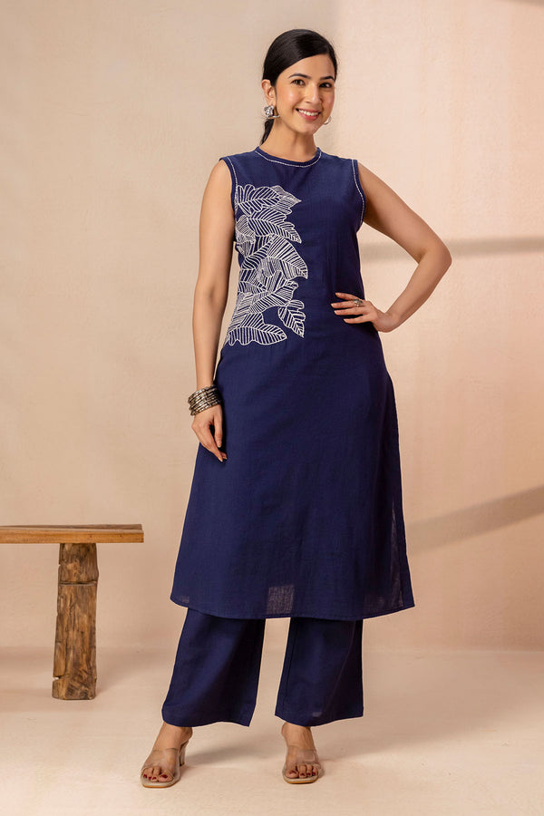 Navy Blue Long Co-ord Set with White Embroidery