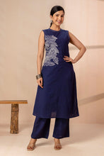 Navy Blue Long Co-ord Set with White Embroidery