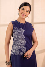 Navy Blue Long Co-ord Set with White Embroidery