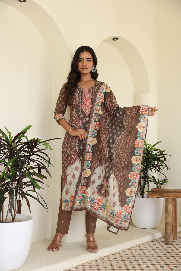 Brown Printed Kurta Set with Dupatta
