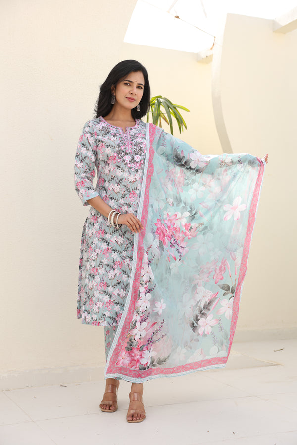 Sage Green Floral Printed Kurta Set