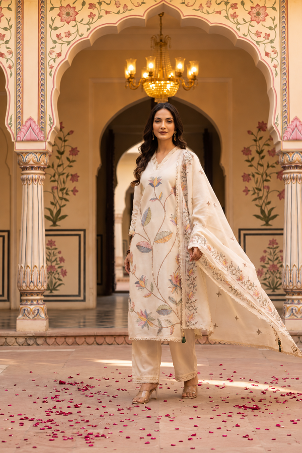Pastel Floral Embroidery 3Pcs Kurta Set