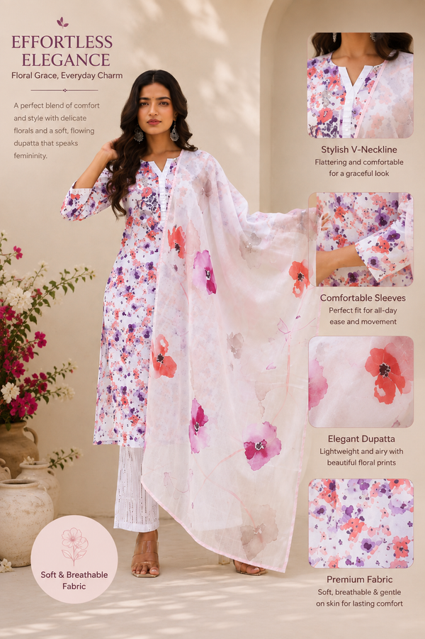 Magenta Floral Printed 3-Piece Kurta Set