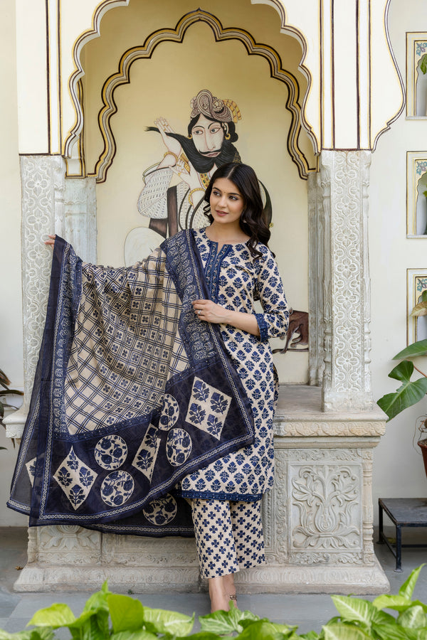 Navy Blue Floral Printed Kurta Set