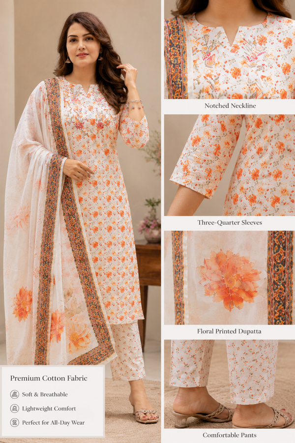 Floral Printed Cotton 3-Piece Suit Set