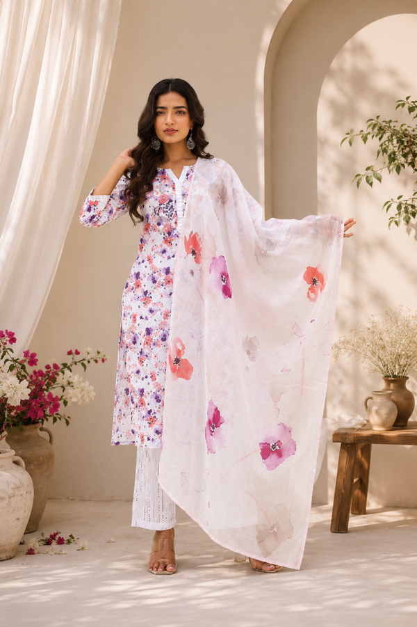 Magenta Floral Printed 3-Piece Kurta Set