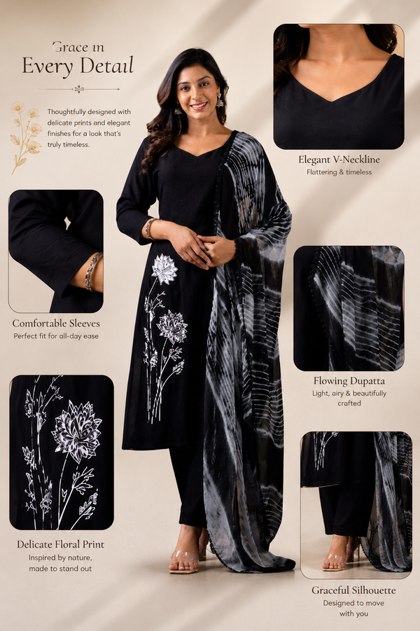 Black Floral Embroidered Kurta Set