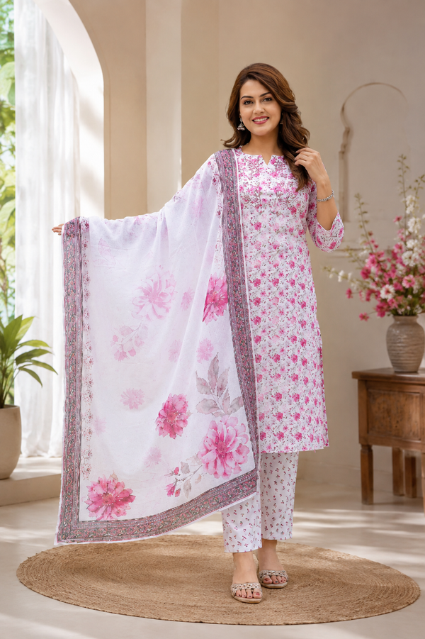 Pink Floral Printed 3-Piece Suit Set