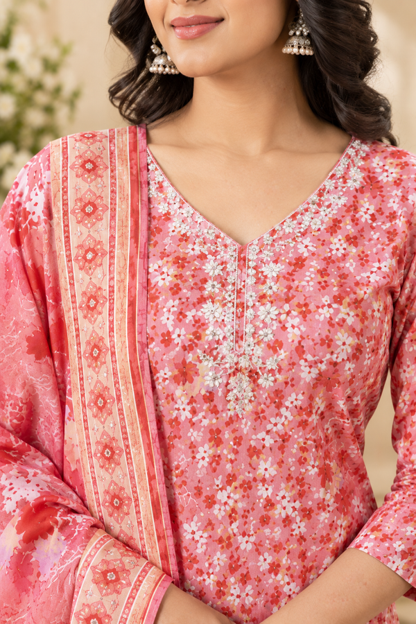 Floral Printed Pink 3-Piece Suit Set