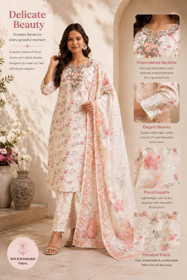Cream Floral Printed Cotton Suit Set