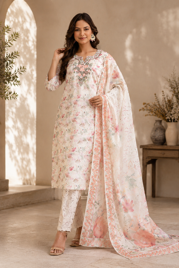 Cream Floral Printed Cotton Suit Set
