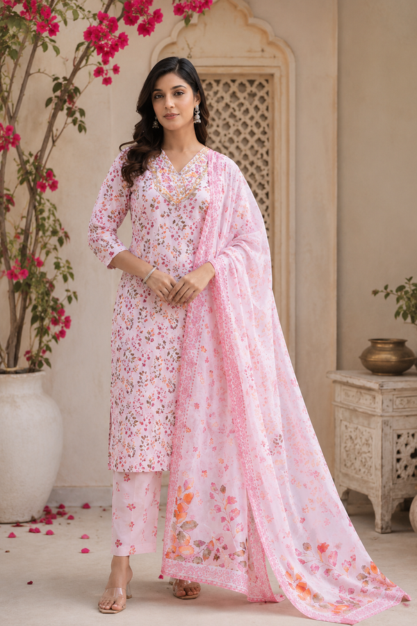 Peach Floral Printed Cotton Kurta