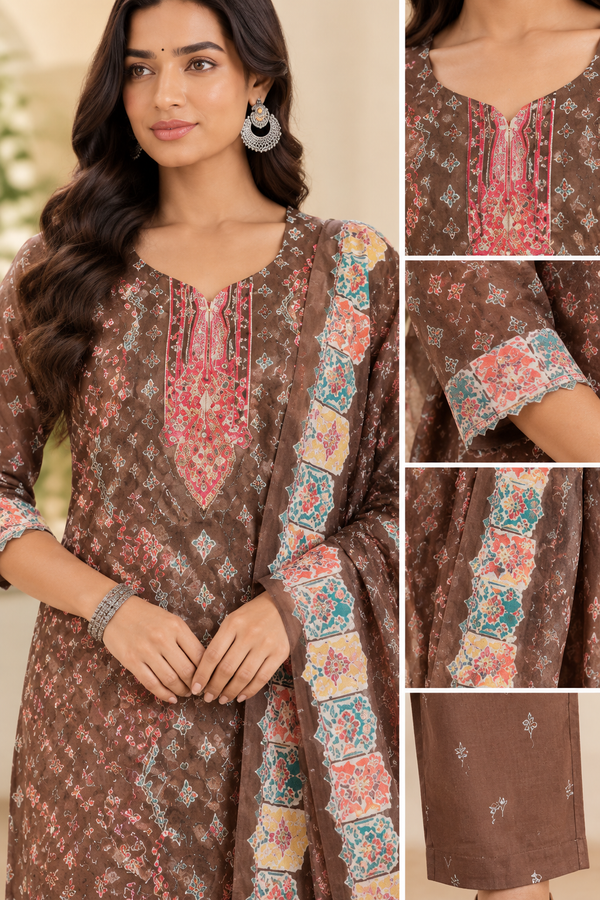 Brown Printed Kurta Set with Dupatta