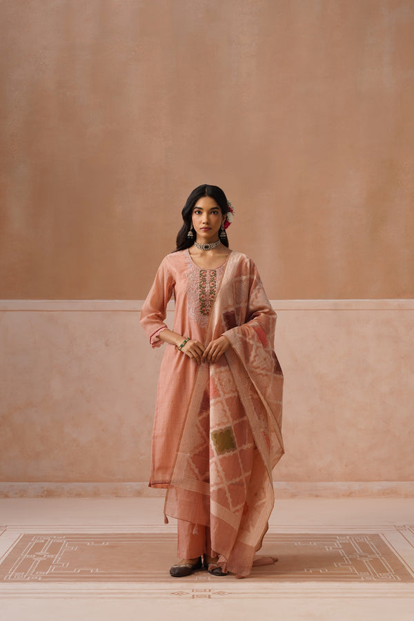 Peach Printed Kurta Set with Patterned Dupatta
