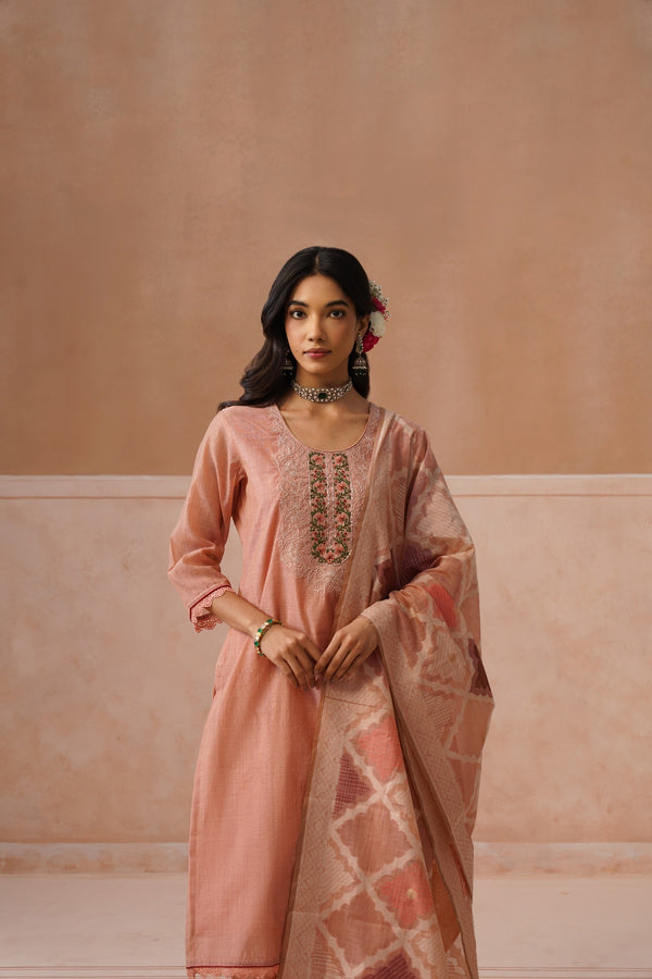 Peach Printed Kurta Set with Patterned Dupatta