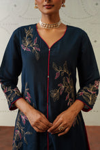 Navy Blue Leaf Embroidered Kurta Set