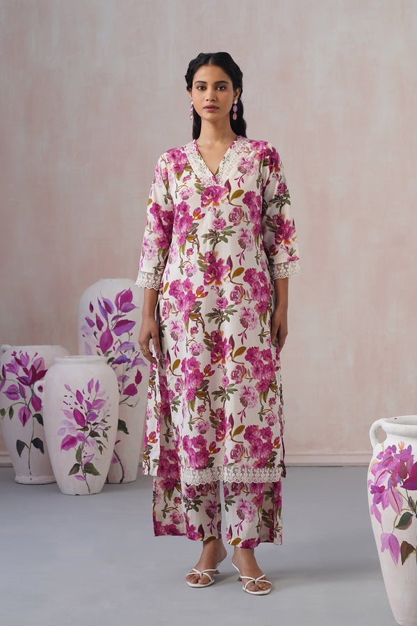 Magenta Pink Floral Co-ord Set with elegant white Lace work