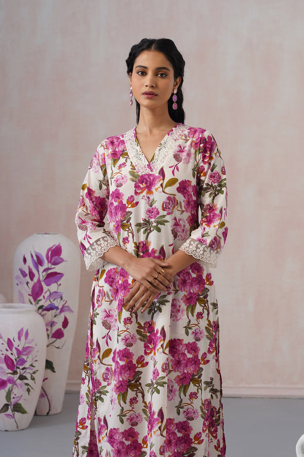 Magenta Pink Floral Co-ord Set with elegant white Lace work
