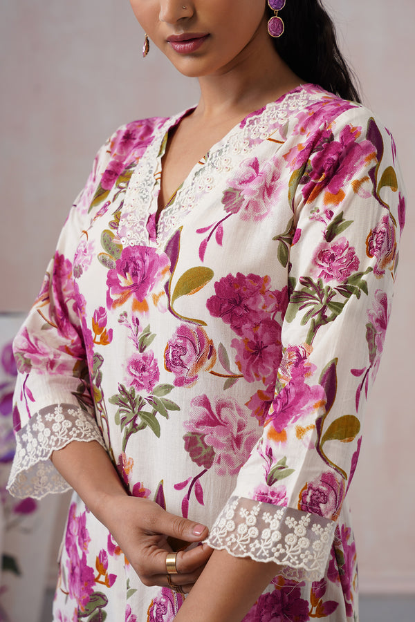 Magenta Pink Floral Co-ord Set with elegant white Lace work